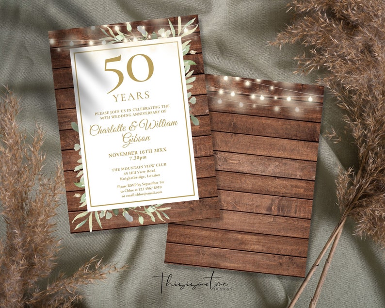 50th Anniversary Invitation Template: Rustic Wood Greenery Floral ...