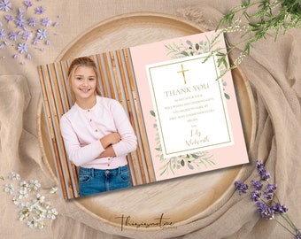 First Communion Thank You Card Template, Photo Thank You Note, Editable Pink Greenery First Holy Communion Printable, Instant Download, WGHC