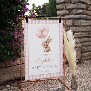 Little Bunny Baby Shower Welcome Sign: Girl Pink Gingham Decor (Digital Download)