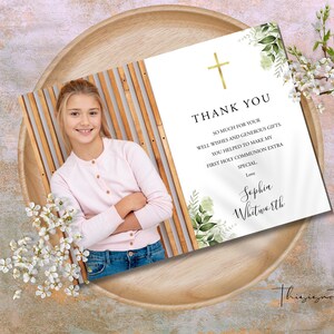 Greenery First Communion Thank You Card Template, Photo Thank You Note Template, Thank You Card Printable, Editable, Instant Download, RGHC