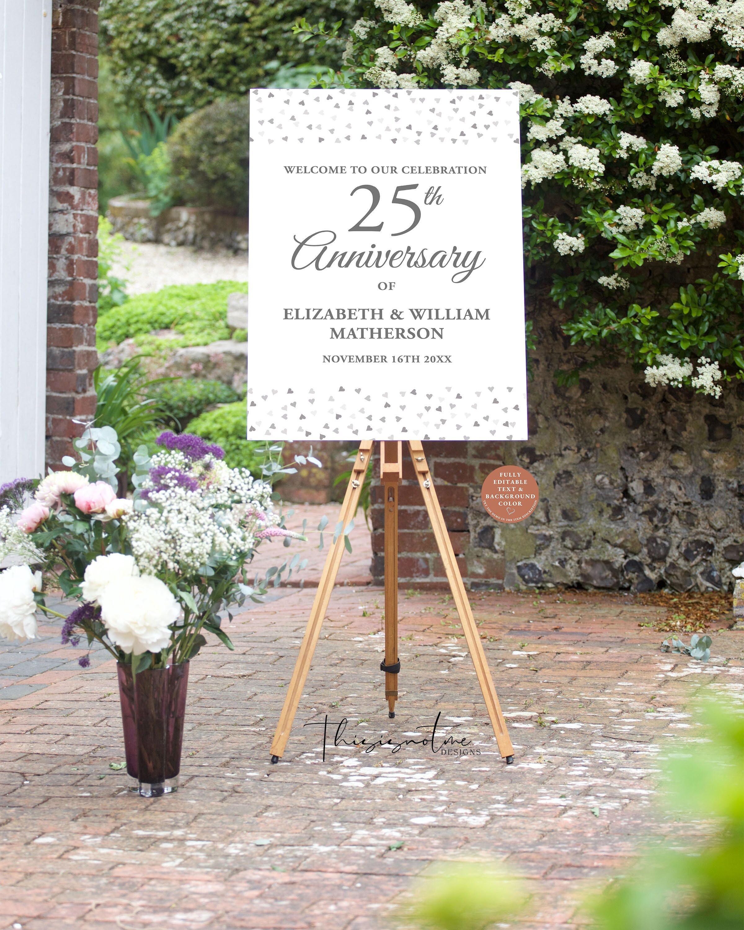 25th Anniversary Welcome Sign: Silver Hearts Confetti, Editable