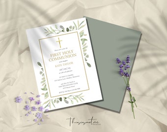May include: A white invitation with a gold border and green watercolor floral design. The text reads "Please join us for the First Holy Communion of our daughter Kate Taylor 06/09/29 at 2:00 in the afternoon St. Paul's Chapel 599 Adams Lane, Wakely, Minnesota and after for lunch at The Wellington Club 1879 Browne Street RSVP by May 15th to 123-456-7890"