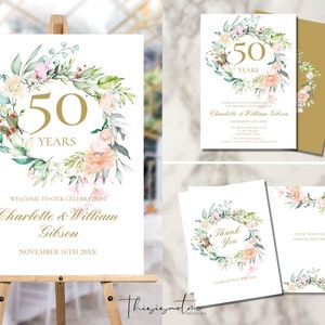 50th Golden Wedding Anniversary Celebration Bundle, Invitation, Welcome Sign, Thank You Card, Any Year, Floral, Editable Printable, RG50