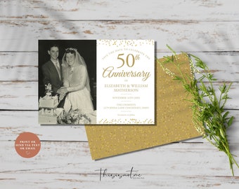 May include: A white card with gold confetti and text that reads "Save the Date to Celebrate the 50th Anniversary of Elizabeth & William Matherson, November 16th 20XX, The Chimneys, 2279 Jenna Lane Cincinnati, Ohio". A black and white photo of a couple cutting a wedding cake is in the top left corner of the card.