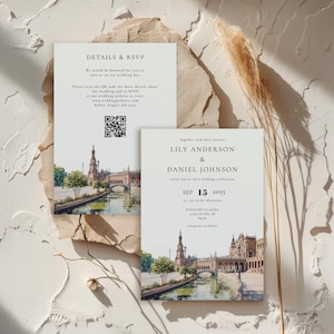 Puede incluir: Conjunto de invitaciones de boda con una ilustración en acuarela de un edificio europeo y un canal. La invitación incluye los nombres Lily Anderson & Daniel Johnson, y la fecha 15 de septiembre de 2035. También se incluyen detalles e información de RSVP.