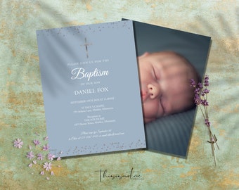 Baptism Invitation Template, Blue Christening Invite, Printable Christening Invitation, Blue Boy Baptism Invite, Editable Baptism Invite DIY