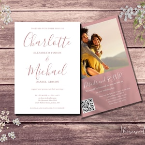 May include: A wedding invitation with a pink background and a photo of a couple. The invitation includes the names Charlotte Elizabeth Foden and Michael Daniel Gibson, the date September 19th, and the location The Mountain View Club. The invitation also includes a QR code for RSVP.