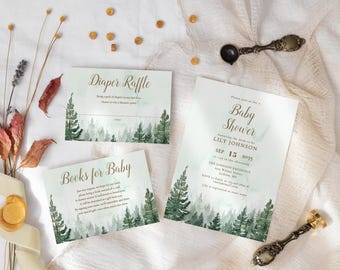 Rustic Pine Forest Baby Shower Invitation Set (Digital Download Templates Bundle) FAELARA