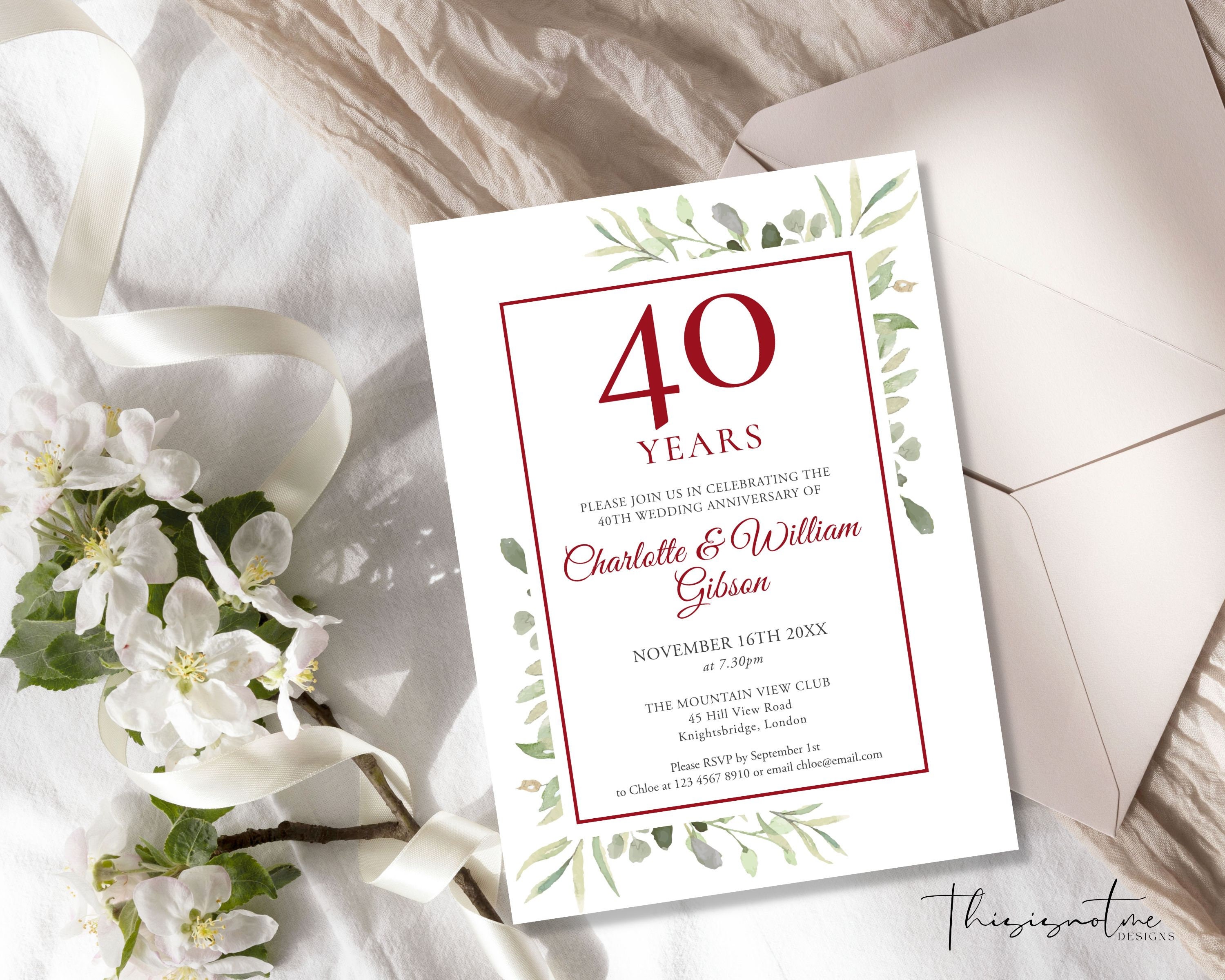40th Anniversary Ruby Red Wedding Invitation Template - Etsy