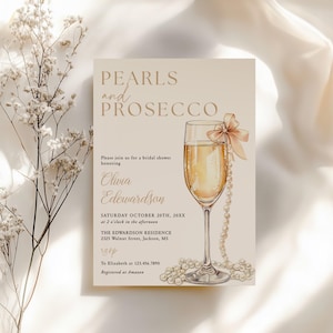 Pearls and Prosecco Bridal Shower Invitation, Champagne Bubbly Bridal Shower Invite, Editable Template, Printable Digital Download