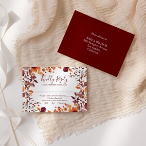 FIRELLA Watercolor Autumn Fall Floral Burgundy Wedding RSVP Card Template, Printable Response Card Instant Download, Invitation Insert, DIY