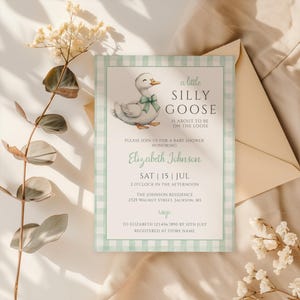 Silly Goose Neutral Baby Shower Invitation, Gender Neutral Baby Shower Invite, Green Gingham, Editable Template, Instant Download, DIY
