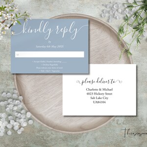 SIGNATURE Minimalistische Antwort Postkarte Vorlage, Dusty Blau Elegant Script Hochzeit Antwortkarte, druckbare Hochzeit Antwortkarte, Instant Download