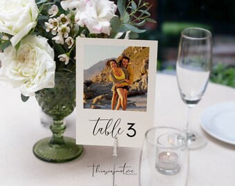 Plantilla de número de mesa para fotos de boda, número de mesa minimalista moderno, decoración de recepción con fotos editables e imprimibles, descarga digital M1