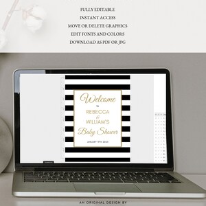 K&ouml;nnte beinhalten: Ein editierbares Willkommens-Schild f&uuml;r eine Babyparty mit schwarzen und wei&szlig;en Streifen und goldener Schrift, auf dem steht "Willkommen zu Rebecca & Williams Babyparty am 19. Januar 202X".