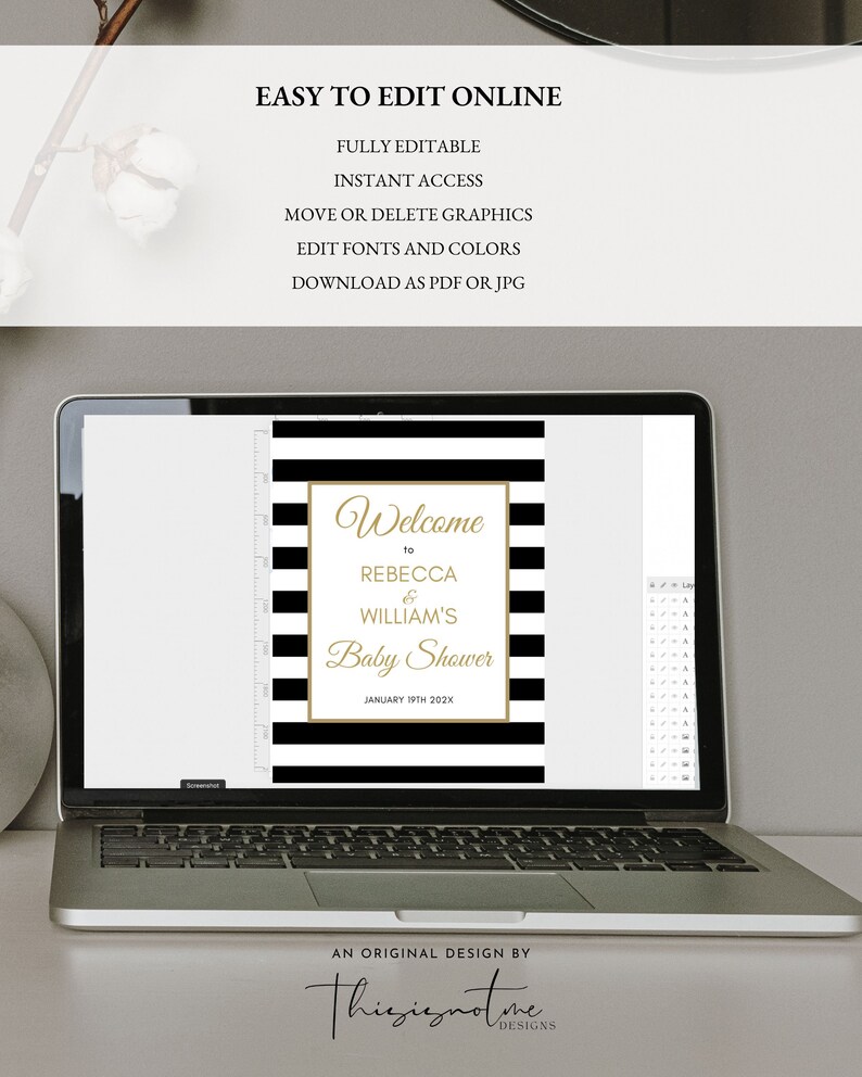 K&ouml;nnte beinhalten: Ein editierbares Willkommens-Schild f&uuml;r eine Babyparty mit schwarzen und wei&szlig;en Streifen und goldener Schrift, auf dem steht "Willkommen zu Rebecca & Williams Babyparty am 19. Januar 202X".