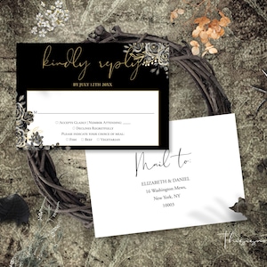Modello per cartolina di risposta con rose floreali gotiche GOYA, elegante biglietto RSVP per matrimonio in stile gotico, biglietto di risposta stampabile per matrimonio, download immediato