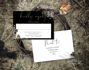 May include: Black and gold wedding reply card with floral accents. The card reads "kindly reply" and "by July 12th 20XX". A white envelope with the text "Mail to:" and the recipient's address is also included.
