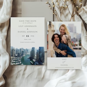 May include: Wedding stationery set including a save-the-date card and a photo card. The save-the-date card has the text "SAVE THE DATE" and details for Lily Anderson and Daniel Johnson, with a cityscape image. The photo card displays a couple and their names.