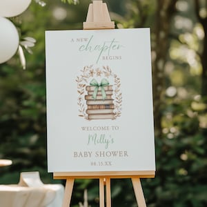 New Chapter Begins Baby Shower Welcome Sign Template, Gender Neutral Baby Shower Welcome Sign, Storybook Sign, Coquette Bow Baby Shower
