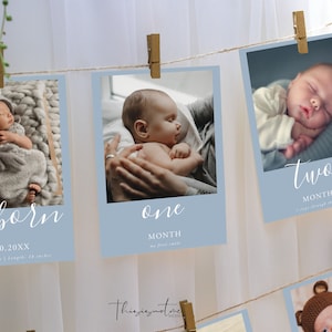 SIGNATURE First Birthday Photo Banner, Modern Minimalist Monthly Milestone Photo Cards, Blue Boy Photo Cards, 1st Birthday Photo Banner, DIY