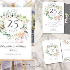 25th Silver Wedding Anniversary Bundle, Any Year Invitation, Welcome Sign, Thank You Card, Roses Garland, Editable Printable, Template, RG25