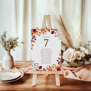FIRELLA Acuarela Otoño Floral Borgoña Boda Número de Mesa Gráfico de Asientos, Plantilla, Editable Imprimible Número de Mesa, DIY, Corjl