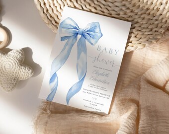 Blue Bow Boy Baby Shower Invitation Template: Watercolor Ribbon (Digital Download 5x7)