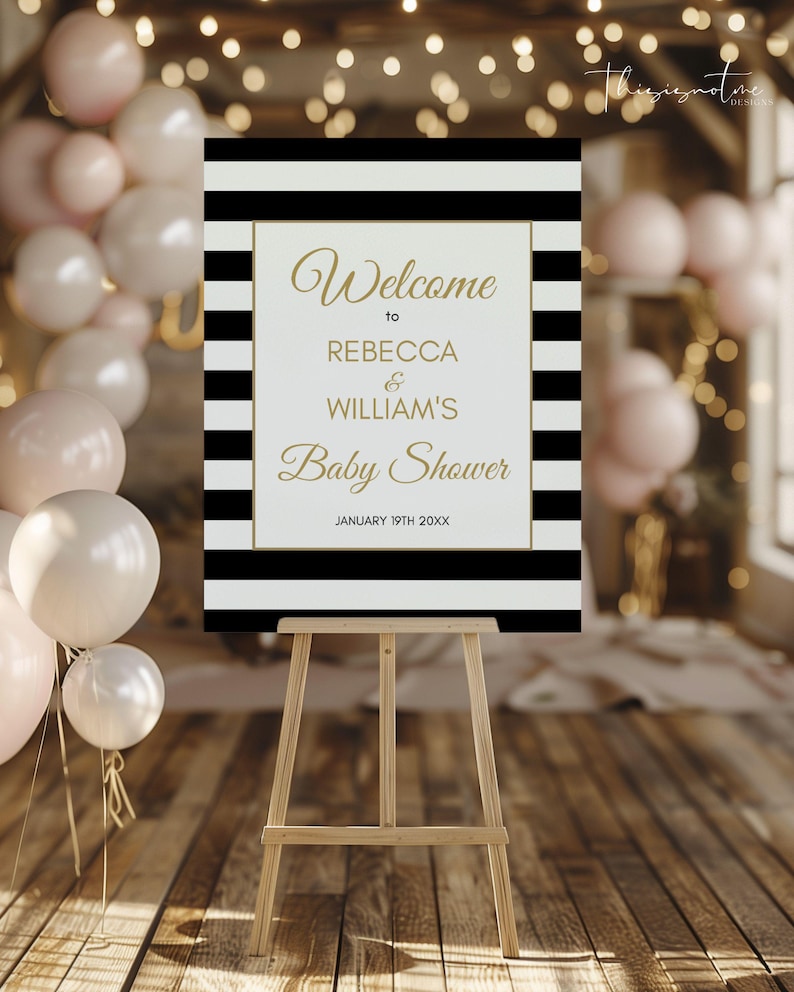 Schwarz und Gold Gender Neutral Baby Shower Willkommensschild Vorlage: Bearbeitbares Poster (Digitaler Download) Bild 1