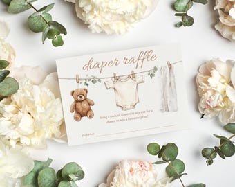 Boho Diaper Raffle Card: Watercolor Clothesline Baby Shower Game (Digital Download) LUMI
