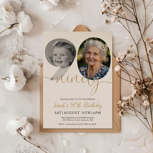 Elegant 90th Birthday Photo Invitation Template (Digital Download 5x7&quot; PDF, JPEG, PNG)