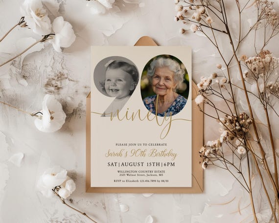 Elegant 90th Birthday Photo Invitation Template (digital Download