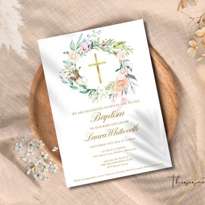 Baptism Invitation Template, Rustic Flowers Floral Garland, Gold Cross, Editable Baptism Invitation Card, Printable Invite, Instant Download