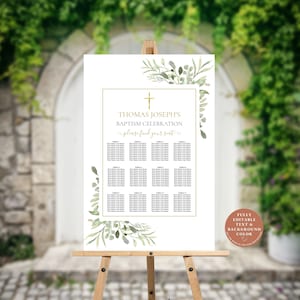 May include: A printable seating chart for a baptism celebration with a green watercolor floral design and gold accents. The text reads "Thomas Joseph's Baptism Celebration" and "Please find your seat".
