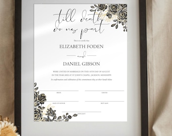 Til Death Gothic Wedding Marriage Certificate Template: Floral Roses, Printable (Digital Download) GOYA