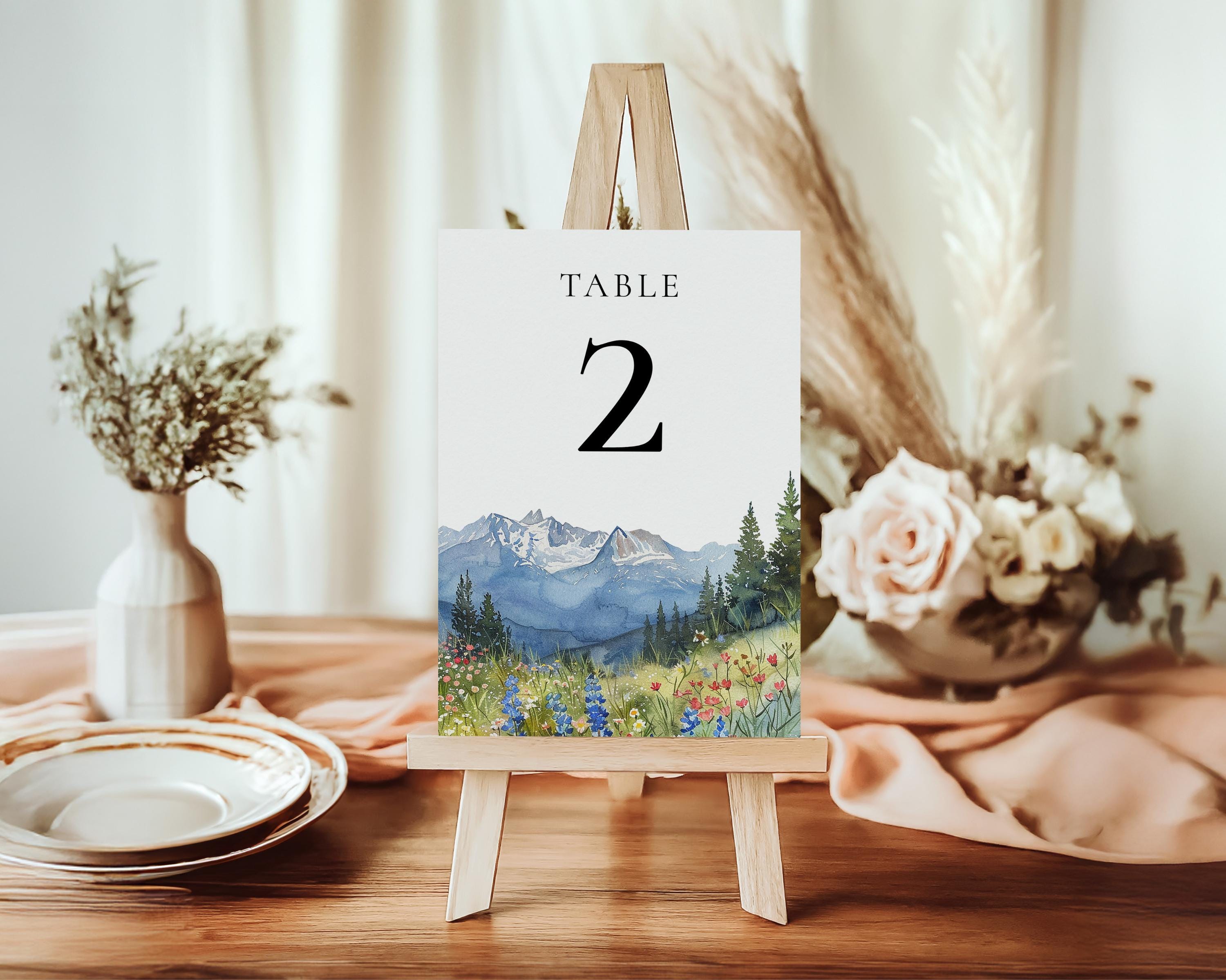 Watercolor Mountain Wildflower Wedding Table Number, Editable Printable Table Number Template, Boho Rustic Wedding, Decor, DIY, MONTARA