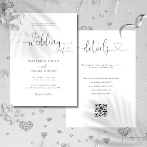 May include: A wedding invitation with a white background and black text. The invitation features a heart design and the text "the wedding of" followed by the names "Elizabeth Foden and Daniel Gibson". The invitation also includes the date, time, and location of the wedding. The second card includes the text "details" and a QR code.