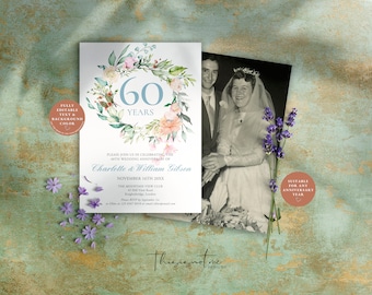 Floral 60th Anniversary Invitation Template: Rose Garland (Digital Download)