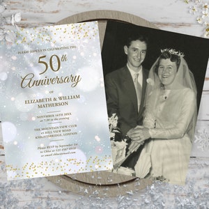 50th Anniversary Invitation Template, Winter Surprise Anniversary Party Invite, Editable Photo Invite Gold Confetti, Instant Download GDW50