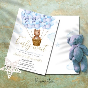 Blue Boy Baby Shower Teddy Bear Hot Air Balloon Invitation Template We Can Bearly Wait Invite, Blue Boy Baby Shower Invite Instant Download