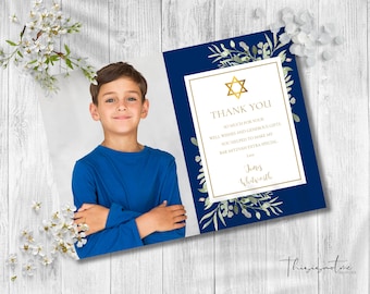 Navy Blue Bar Mitzvah Thank You Card Template, Photo Thank You Note, Greenery Bar Mitzvah Thank You Card Printable, Instant Download, WGBM