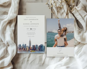 Watercolor New York City Skyline Wedding Invitation Template: Photo Invite (Digital Download)