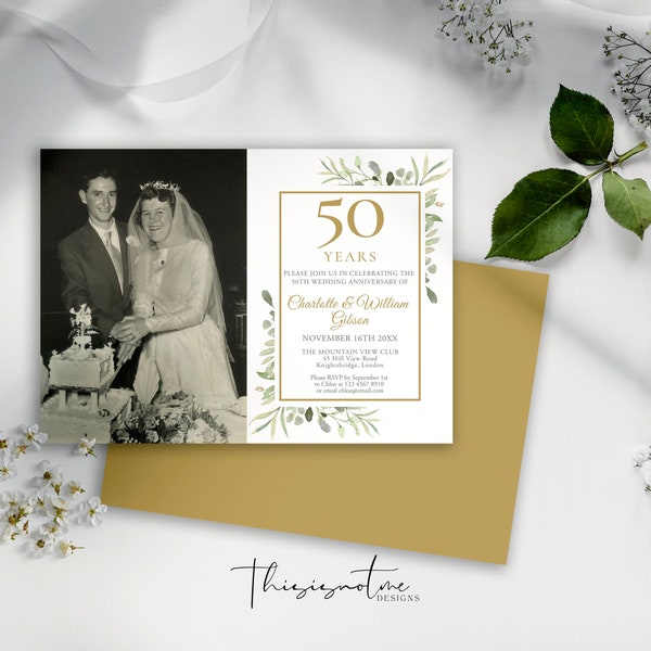 50th Golden Wedding Anniversary Photo Invitation Template, Surprise Party Any Year Instant Download Editable Printable Invite, Greenery WG50