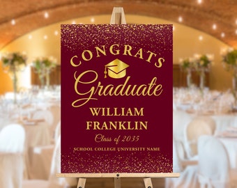 Modern Graduation Welcome Sign Template, Burgundy Gold Editable Graduation Poster, High School Graduation Party Signage, College Grad Poster