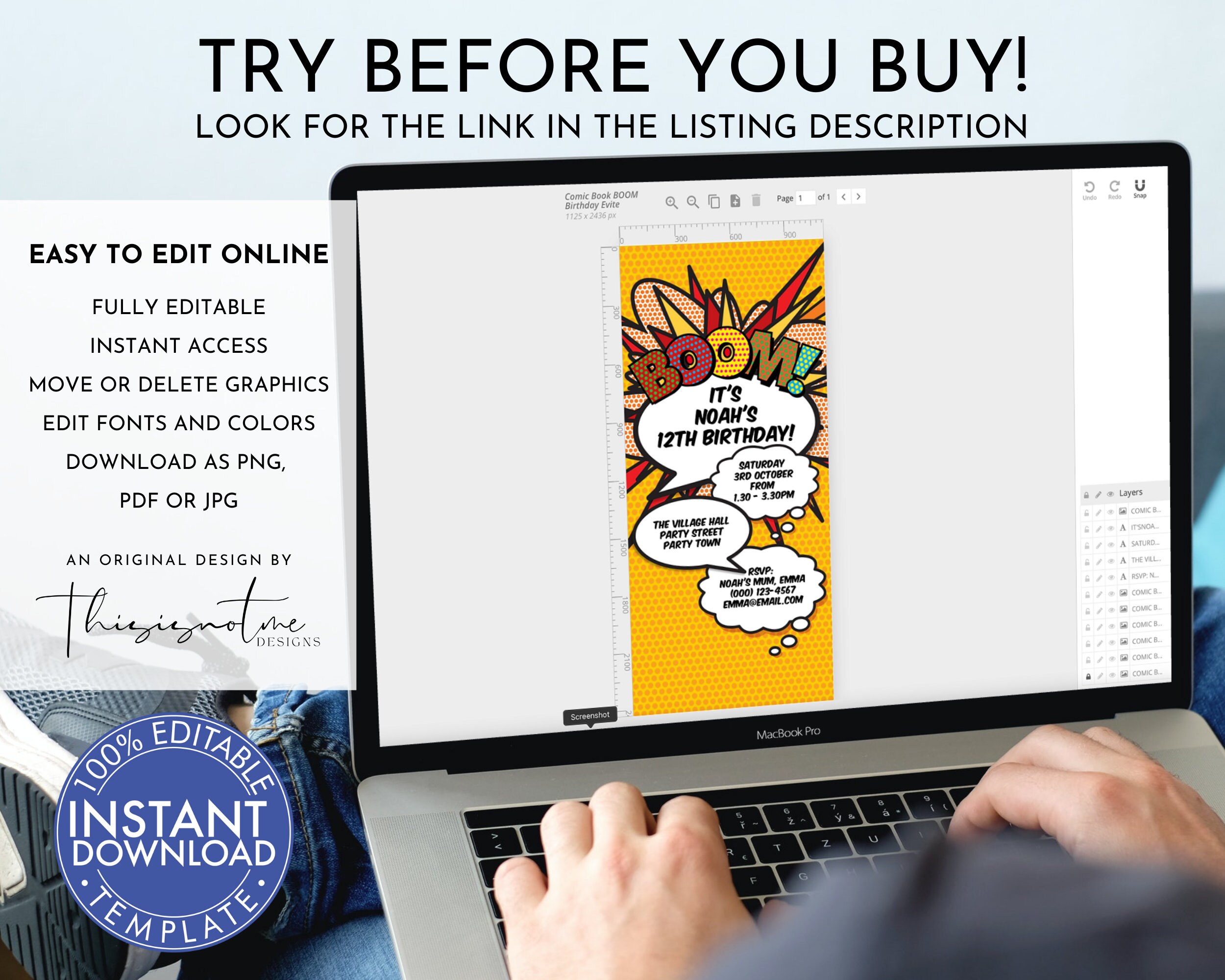Birthday Evite, Birthday Invitation Template, Fun, Comic Book, Phone