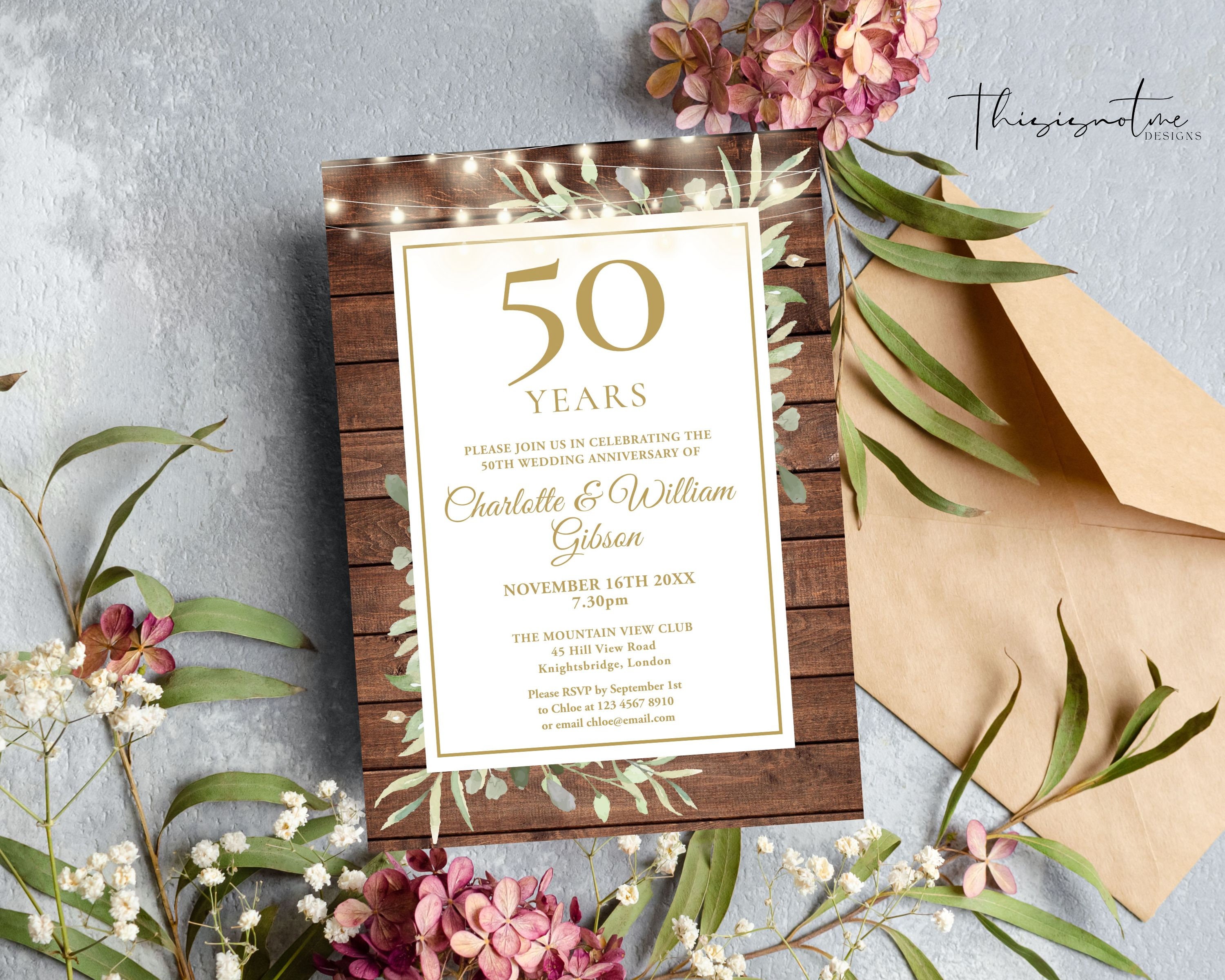 50th Anniversary Invitation Template: Rustic Wood Greenery Floral ...