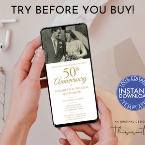50th Golden Wedding Anniversary Photo Evite Template, Surprise Party, Any Year, Electronic Virtual Digital Instant Download Invitation, WP50