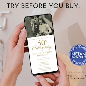 Peut inclure: Une invitation numérique pour une célébration de 50e anniversaire. L'invitation présente une photo d'un couple en noir et blanc, avec le texte "50e anniversaire" en écriture dorée. L'invitation comprend également les noms du couple, la date de l'événement et le lieu. Le texte "100% Editable Instant Download Template" est dans un cercle bleu.