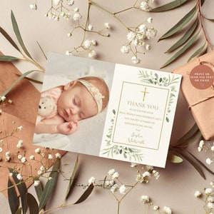 modern Greenery Baptism Thank You Card Template, Printable Christening Photo Thank You Card, Folded Thank You Card, Instant Download, WGBAP