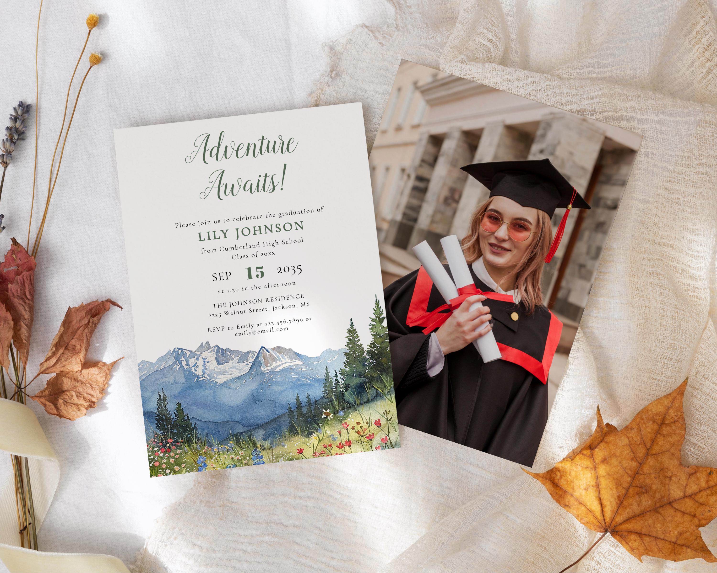 Mountain Grad Card Watercolor Mountain Graduation Party Invitation: Adventure Awaits ...